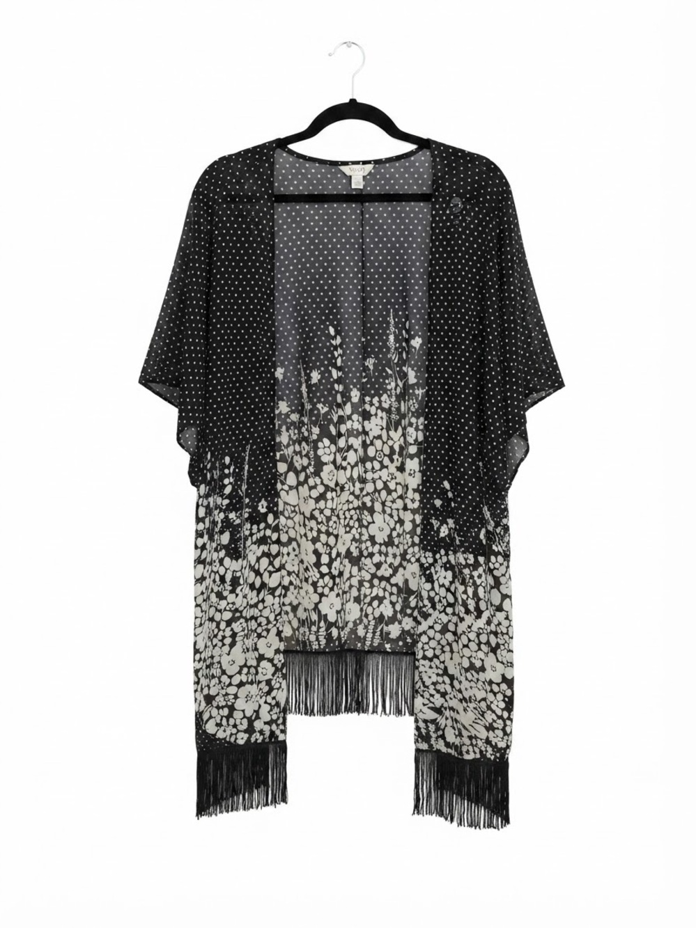Siren Lily Black and White Floral Fringe Kimono Size 1X